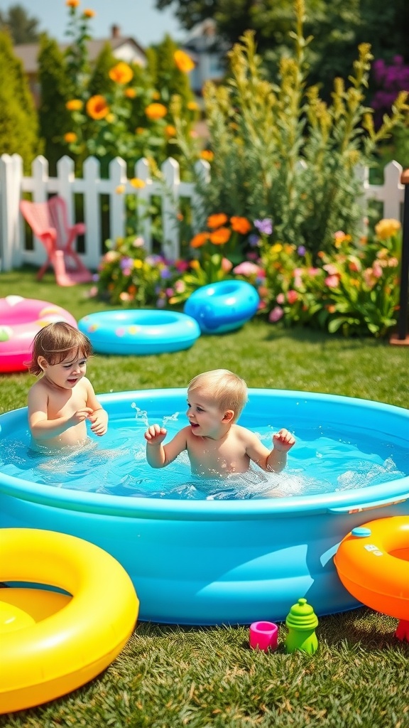 Two toddlers playing in a small blue inflatable pool in a sunny backyard with colorful flowers and pool floats.