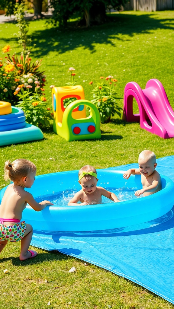 Three toddlers playing in a kiddie pool on a sunny day
