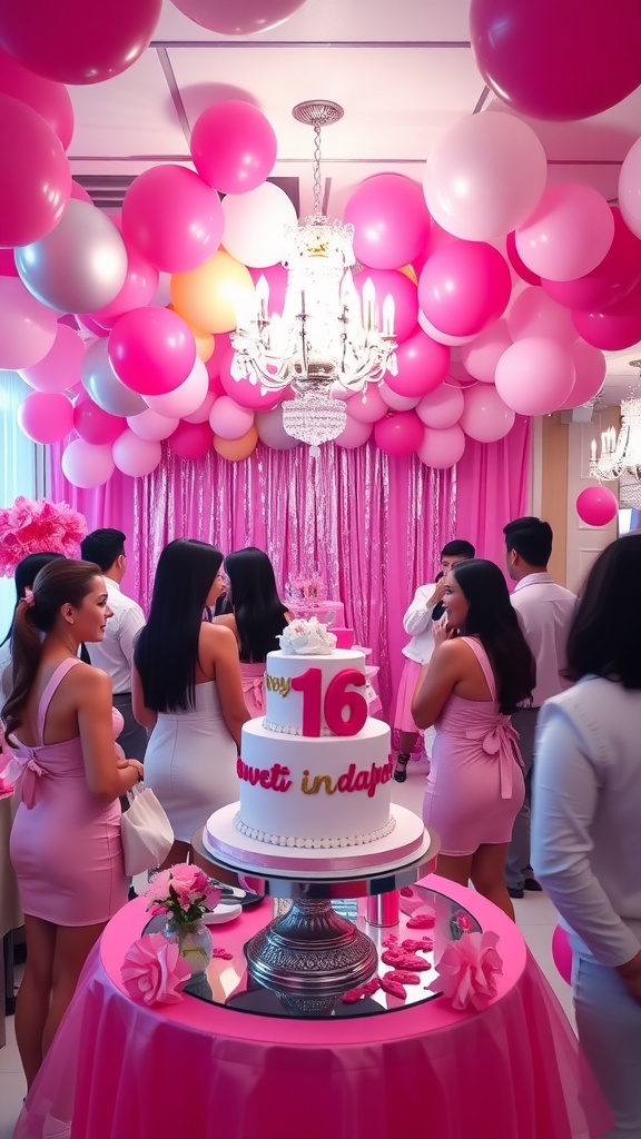 A vibrant Sweet 16 party setup with pink balloons, a beautiful cake, and guests enjoying the celebration.