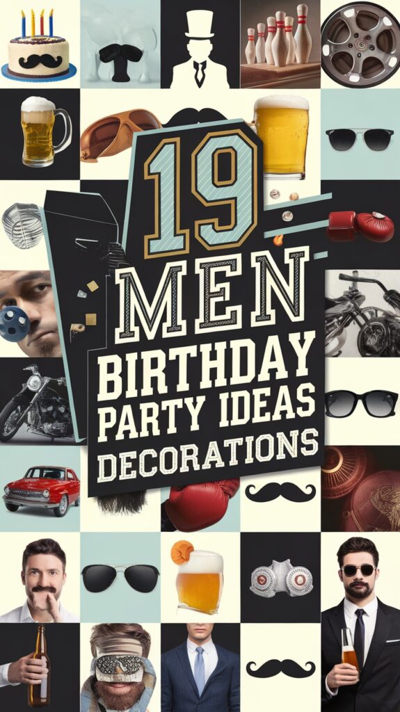 Collage of men's birthday party elements, featuring motifs like mustaches, beer, sunglasses, motorcycles, and a cake. Text reads "19 Men Birthday Party Ideas Decorations."