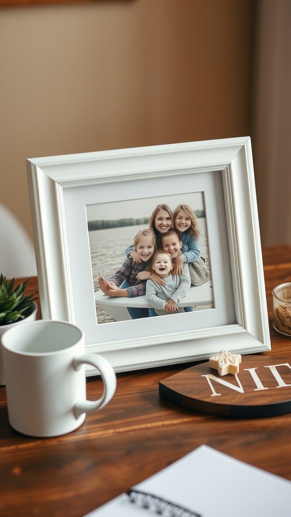 A customized photo frame displaying a happy family picture, sitting on a wooden table with a mug and a notebook.