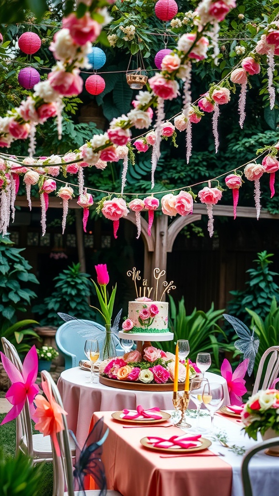 Outdoor party table decorated with floral arrangements, a cake, colorful lanterns, and pink accents.