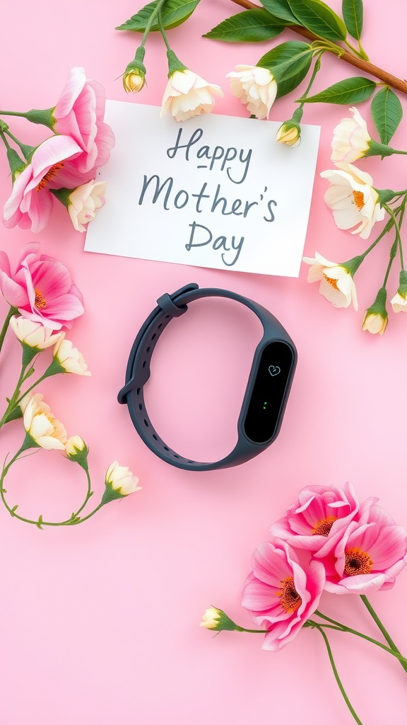 Fitness tracker on a pink background surrounded by flowers and a Mother's Day card.