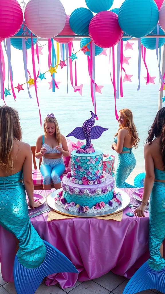 A vibrant mermaid birthday party with decorations, a colorful cake, and guests in mermaid outfits.