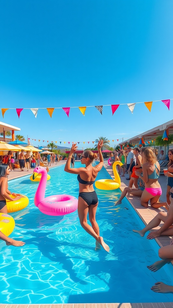 A lively pool party with colorful decorations, floaties, and guests enjoying the sun.