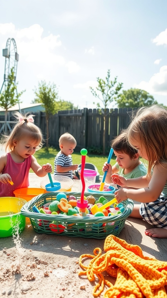 Toddlers playing with colorful sensory materials in a sunny outdoor setting.