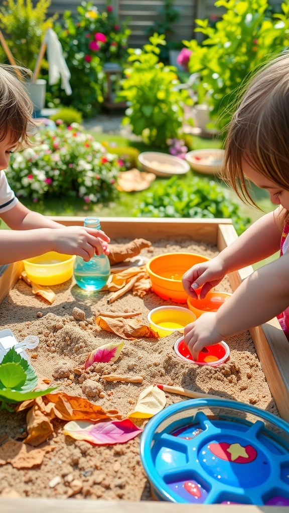 Two toddlers playing with colorful containers and leaves in a sandbox.