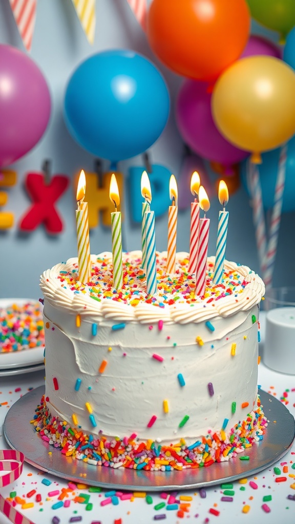 A colorful birthday cake with sprinkles and lit candles, surrounded by balloons and decorations.