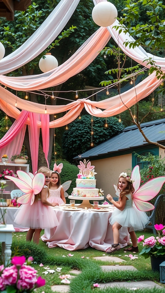 A fairy theme birthday party with children in costumes, a decorated table, and vibrant decorations.