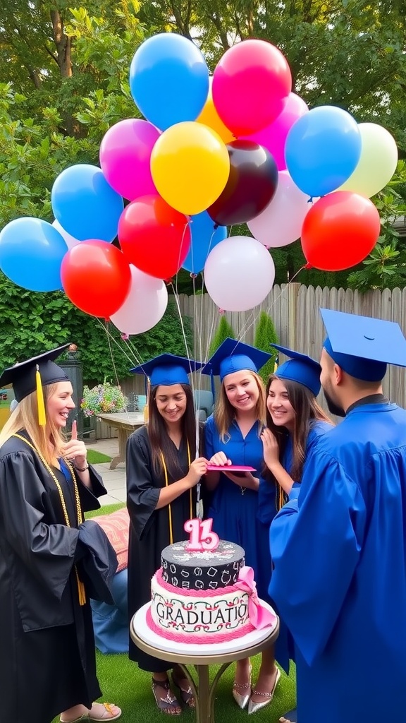 A lively graduation party scene with balloons, cake, and graduates celebrating together.