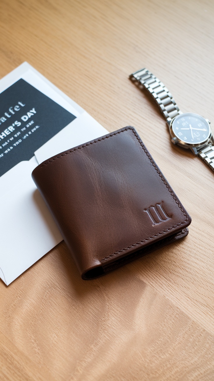 A personalized leather wallet with the name 'Lather Day WS' embossed on it, placed on a wooden surface with a watch and a Father's Day card.
