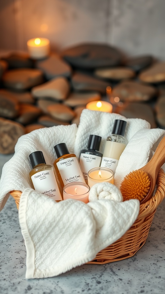 A cozy spa basket filled with bath products, candles, and fluffy towels.