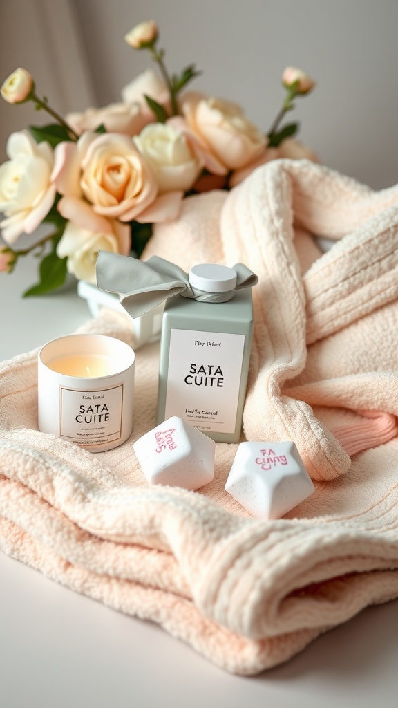 A cozy spa gift set with a candle, bath bombs, and a soft blanket.