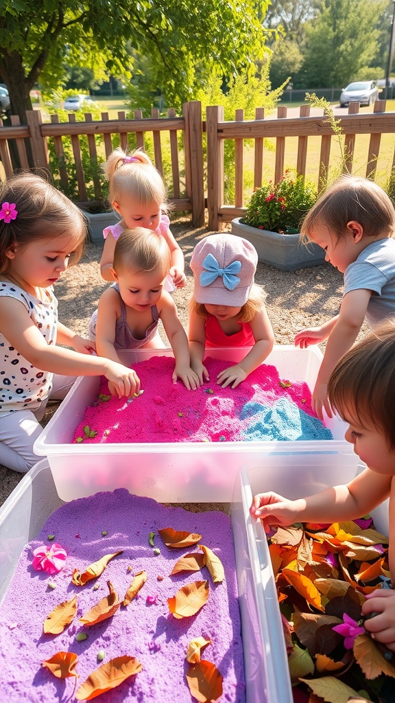 Toddlers engaged in sensory play with colorful sand and leaves.