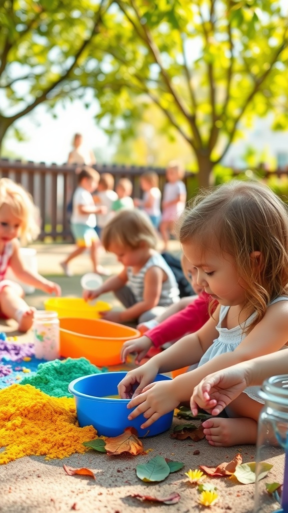 Toddlers engaged in sensory play with colorful sand and natural materials outdoors.