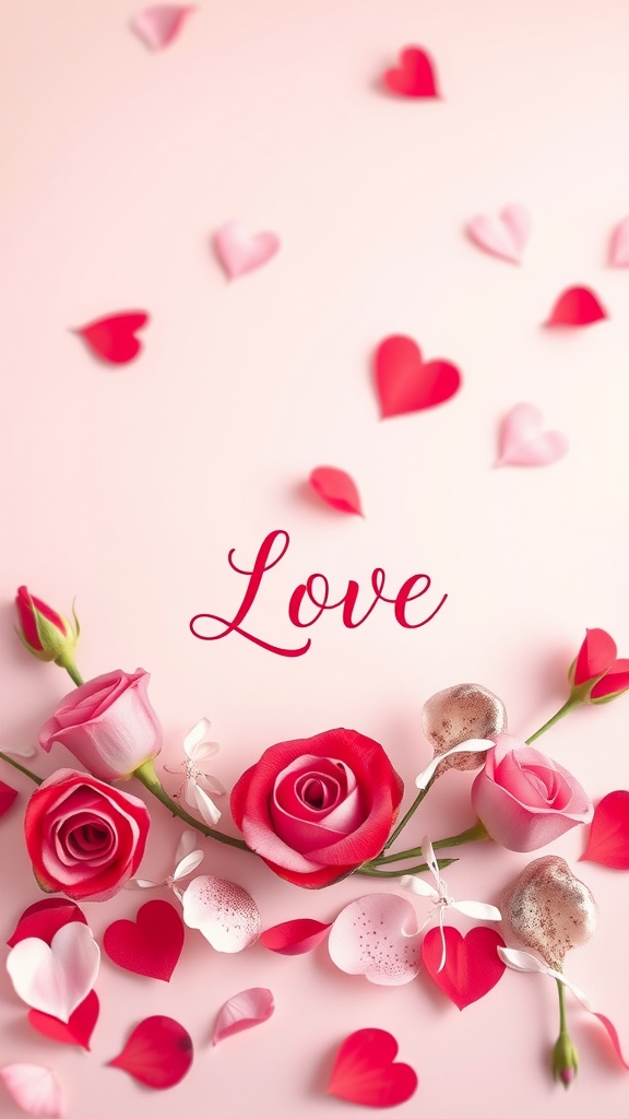 Valentine's Day themed wallpaper featuring roses and hearts with the word 'Love'