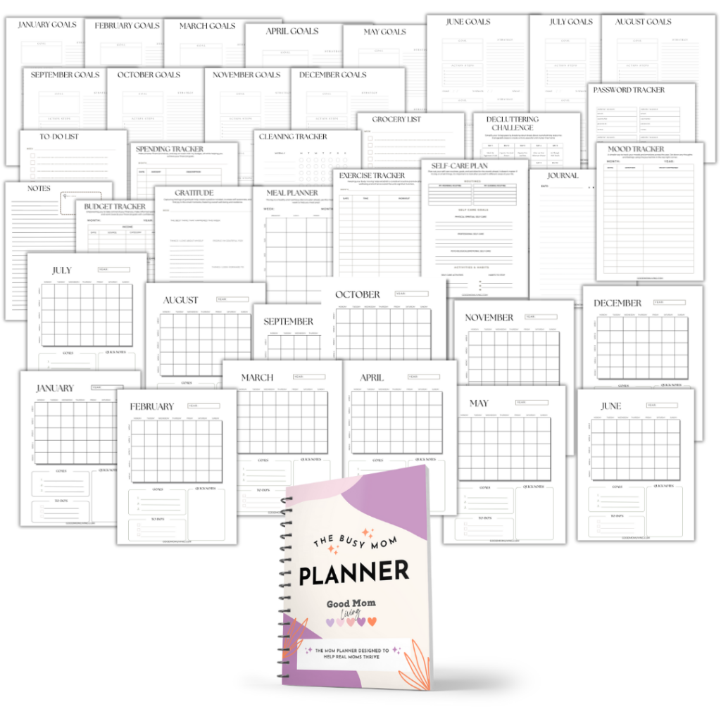Alt text: Collection of planner pages titled "The Busy Mom Planner," including calendars, goal sheets, trackers, and a cover with purple design.