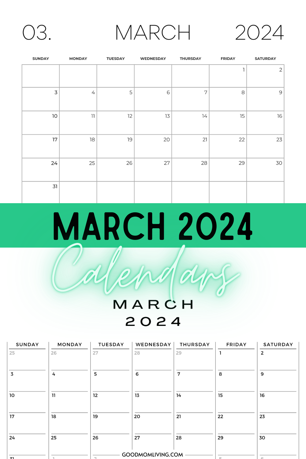 March 2024 Calendar Printable (Free Calendars) Good Mom Living