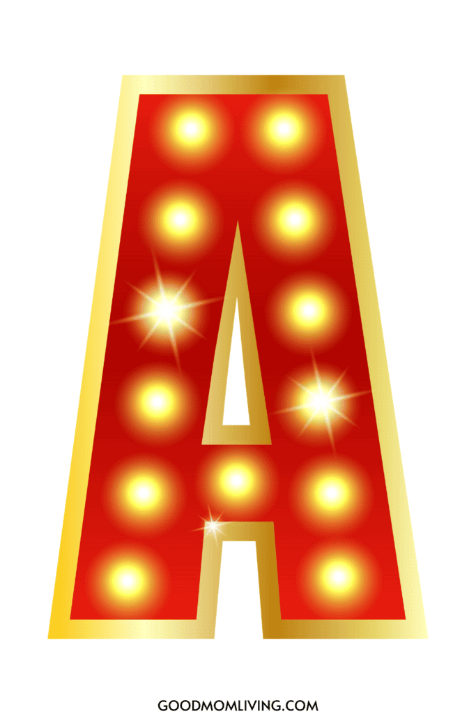 A large letter 'A' with a red background, bordered in gold, and illuminated with bright yellow lights, reminiscent of a marquee sign.