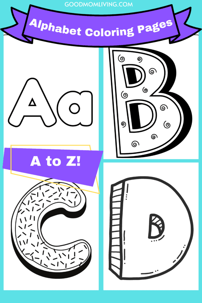 A children's coloring page featuring large, outlined letters A, B, C, and D with decorative patterns, and a purple banner at the top stating "Alphabet Coloring Pages" from goodmomliving.com.