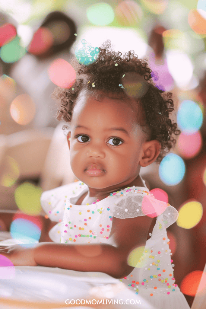 Cute toddler with curly hair sitting at a table, wearing a colorful polka dot dress, surrounded by a festive background with soft bokeh lights.