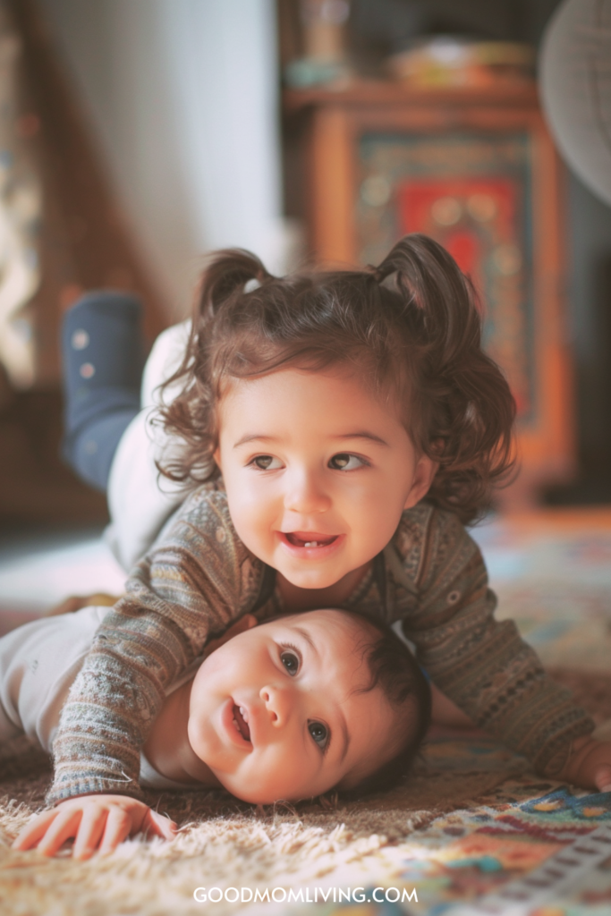 Two young siblings playing together on a colorful rug, with the older child smiling joyfully while lying on top of the younger sibling, creating a warm and playful family moment.