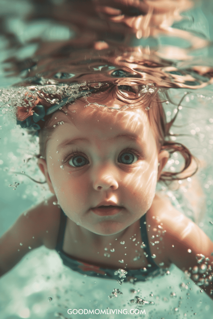 An underwater photograph of a young child swimming, with wide eyes looking directly at the camera and bubbles surrounding her face. She has a floral headband in her wet hair.