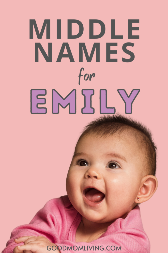 Smiling baby girl in a pink sweater with the text "Middle Names for Emily" on a pink background, representing name suggestions for parents.
