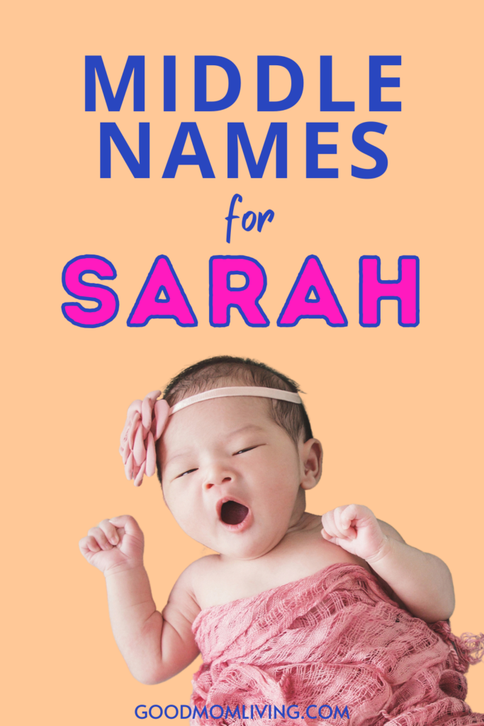 Baby girl yawning in a pink wrap with a flower headband, featuring text about middle names for Sarah on a soft orange background.