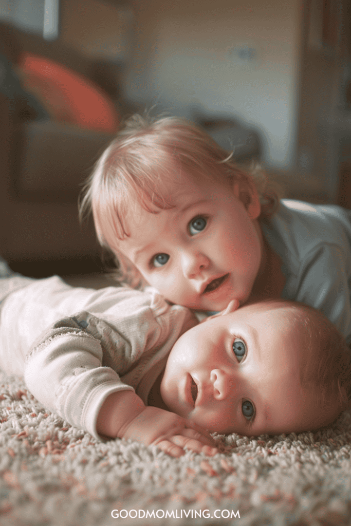 Two adorable young children play on a colorful rug, with one child resting their head on the other's back. The image captures their expressive blue eyes and joyful expressions in a cozy indoor setting.