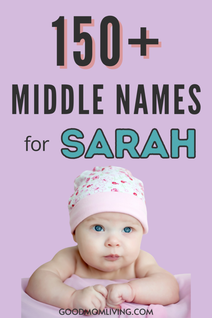 Baby girl with blue eyes wearing a floral hat, featured in an article titled "150+ Middle Names for Sarah," designed for parents seeking name inspiration.
