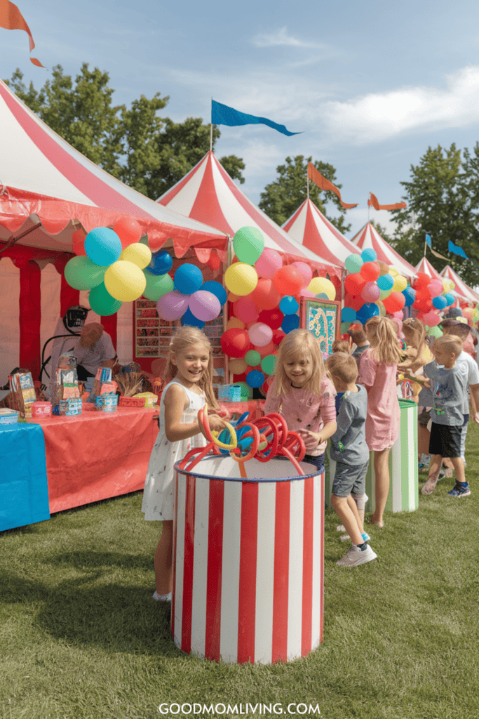 Children enjoying games at a vibrant outdoor carnival, with colorful tents and balloons in the background. Two girls are playing a ring toss game while other kids participate in various activities. The scene captures a festive atmosphere perfect for family fun.