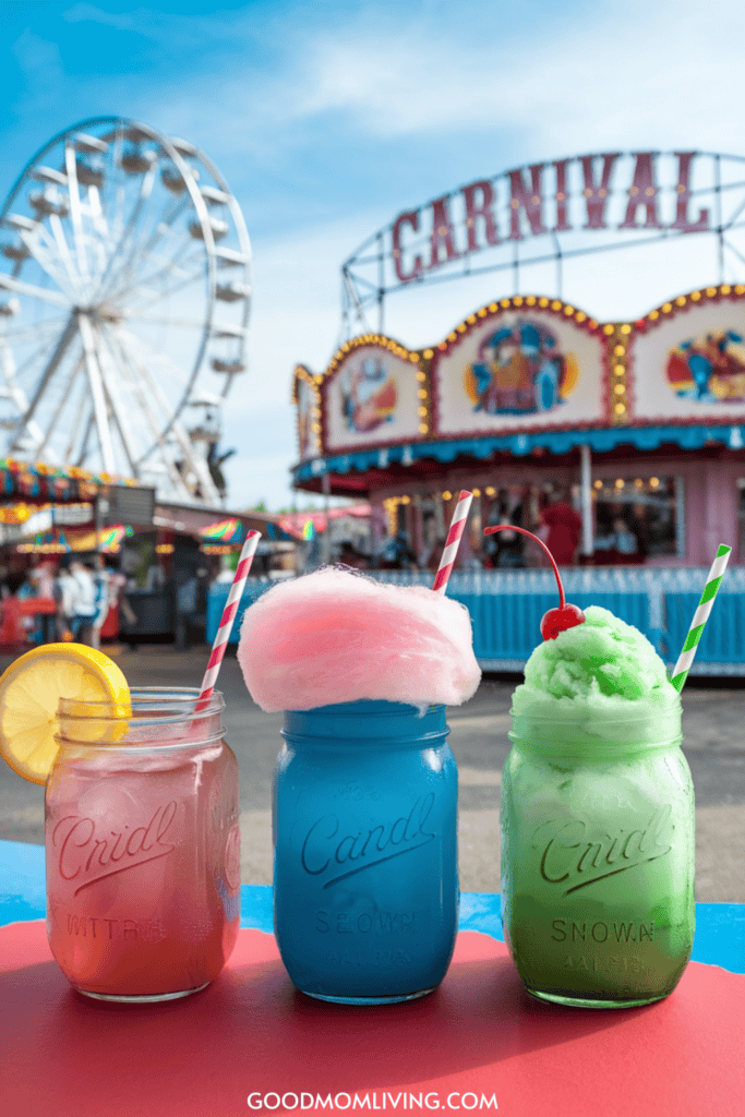 Colorful carnival drinks in mason jars, including a pink lemonade, blue cotton candy soda, and green frozen treat, with a ferris wheel and festive carnival booth in the background.