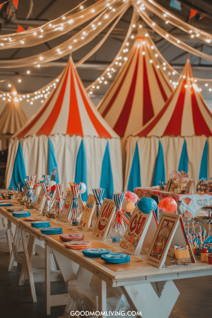 Colorful circus-themed party setup featuring red and white striped tents, a table adorned with various carnival treats and decorations, and string lights creating a festive atmosphere.