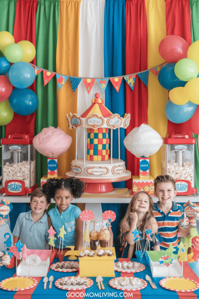 Colorful carnival-themed birthday party setup featuring a decorative cake, cotton candy, and various treats. Four children joyfully pose in front of a vibrant backdrop with balloons and a festive banner, surrounded by sweets and snacks on a table. Perfect for inspiration for kids' party ideas.