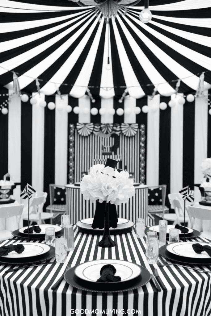 Elegant black and white themed party setup featuring striped tablecloths, stylish tableware, and decorative paper flowers. The venue is adorned with a striped canopy and festive accents, creating a sophisticated atmosphere for celebrations.