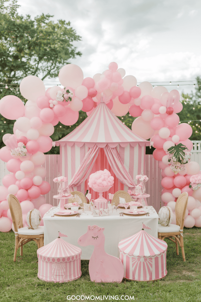 Colorful pink birthday party setup featuring a striped tent, balloon arch, and themed table decor with cotton candy, floral arrangements, and playful giraffe decorations.