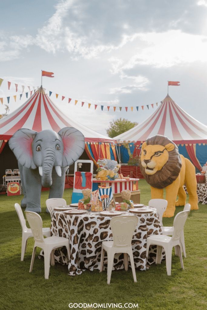 Colorful circus scene featuring a large elephant and lion mascots near a decorated table with snacks, set against a vibrant striped tent and festive bunting in a grassy area.
