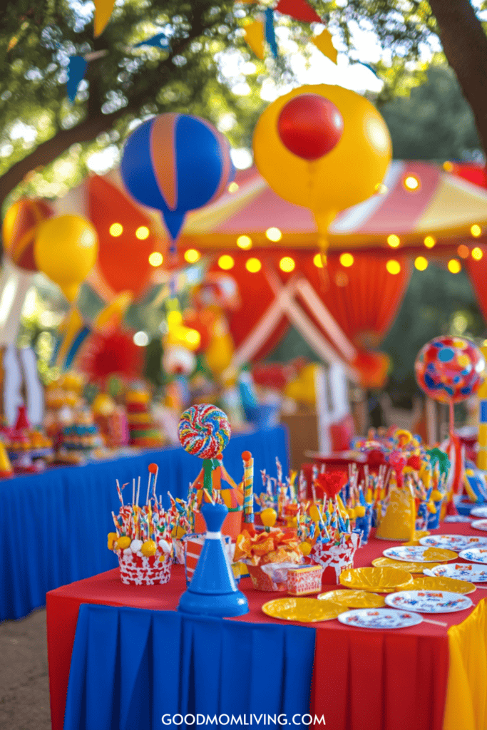 Colorful carnival-themed party setup featuring vibrant decorations, balloons, and a variety of sweet treats on tables, ideal for children's celebrations.