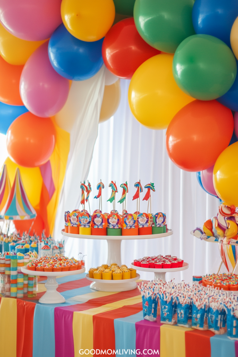 Colorful birthday party dessert table featuring vibrant balloons, themed cupcakes, and a variety of sweets, set against a bright striped tablecloth.