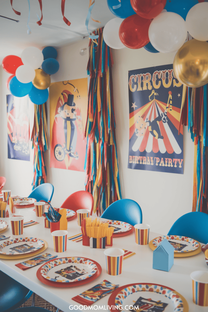 Colorful circus-themed birthday party decoration featuring vibrant balloons, festive streamers, and themed tableware. The table is set with striped plates, cups, and napkins, while circus posters adorn the walls, creating a cheerful and inviting atmosphere for celebrations.