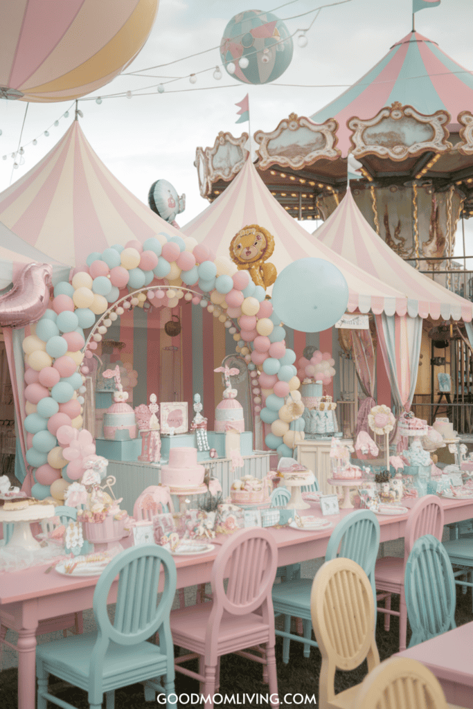 Colorful carnival-themed birthday party setup featuring pastel balloons, a decorated table with sweets, and a whimsical backdrop of tents and a carousel.