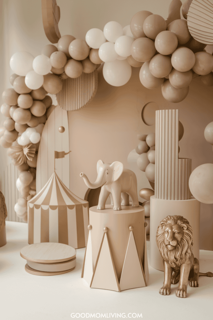 Decorative circus-themed setup featuring a beige and pastel color palette, with a white elephant figurine, a golden lion statue, and an array of balloons and geometric shapes, ideal for children's party decorations or themed events.