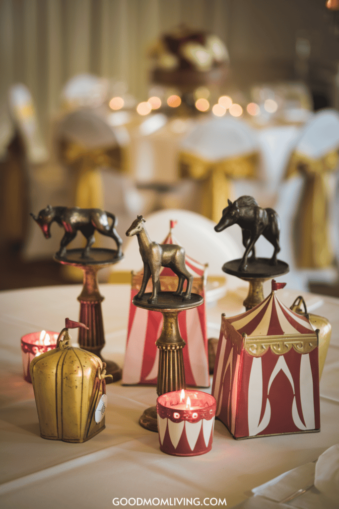 Decorative table centerpiece featuring vintage circus animal figurines, including a horse and a cow, alongside striped carnival-themed containers and lit candles, set in an elegantly arranged dining space with gold accents.