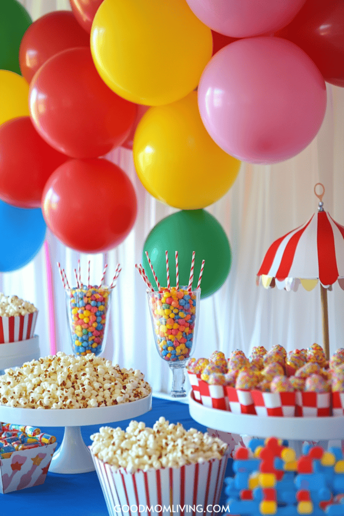 Colorful party setup featuring vibrant balloons, popcorn in various containers, and colorful candies displayed in clear glasses, perfect for a festive celebration or birthday party.