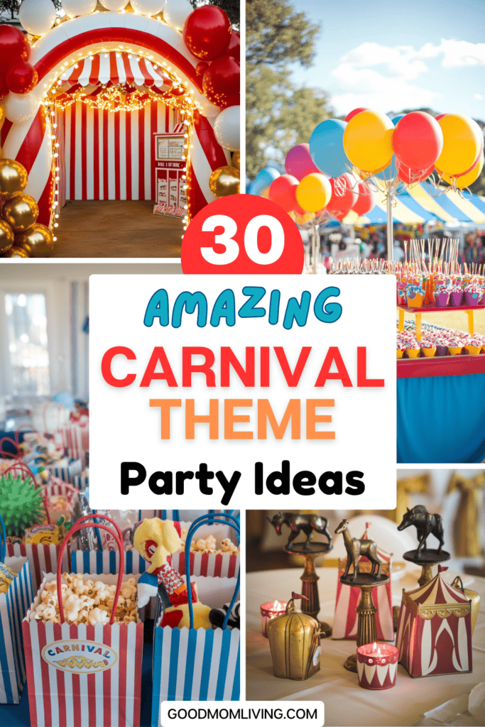 Colorful carnival-themed party ideas featuring a festive entrance, vibrant balloons, popcorn boxes, and decorative elements, perfect for planning an engaging and fun celebration.