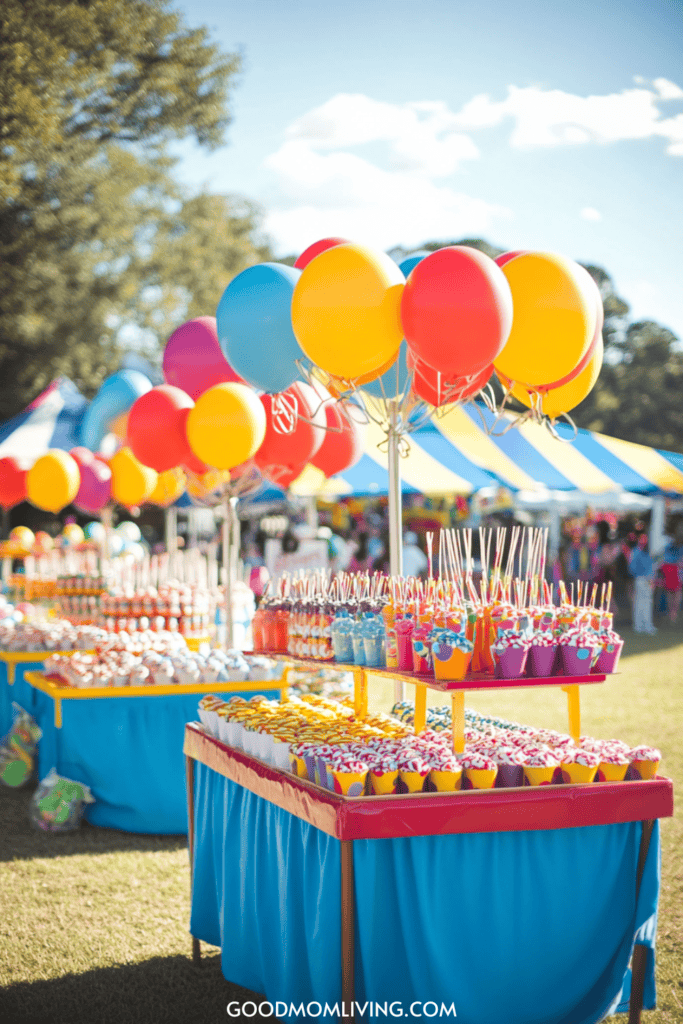 Colorful balloons and festive dessert tables filled with treats, such as cupcakes and colorful drinks, create a vibrant atmosphere at an outdoor event.