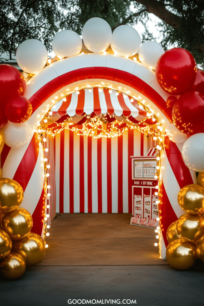 Colorful entrance to a carnival-themed event featuring an arch made of red and white striped fabric, adorned with golden balloons and string lights, leading to a booth with popcorn.