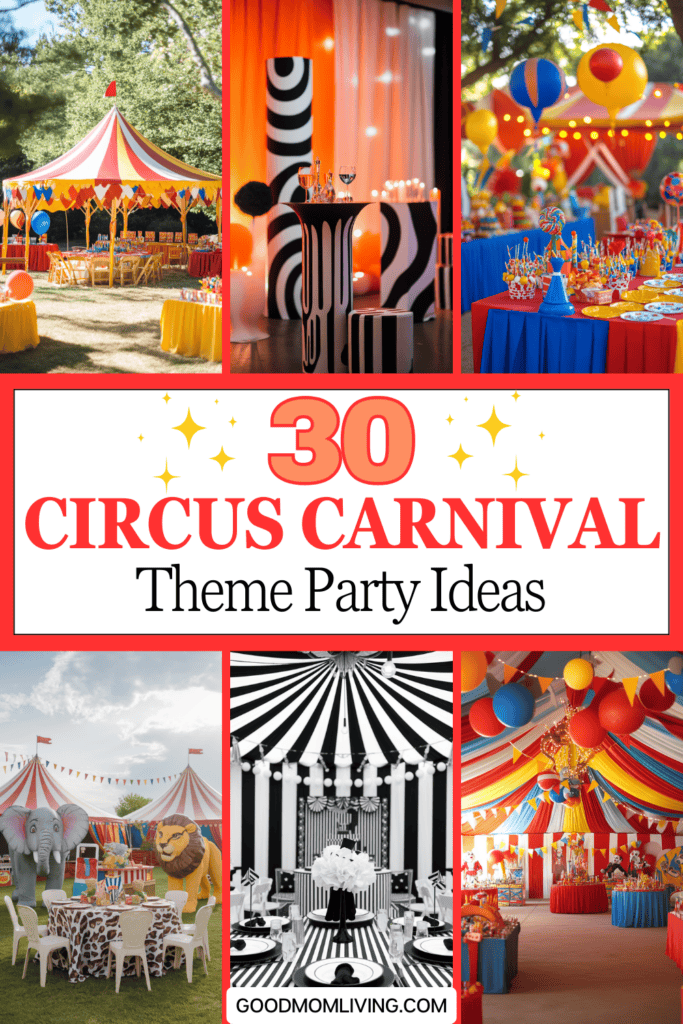 Colorful circus carnival party ideas featuring vibrant tents, themed decorations, and festive table setups. The image showcases a variety of party elements including striped canopies, playful balloons, and whimsical table settings, perfect for a fun and lively celebration. Explore 30 creative themes to inspire your next event.