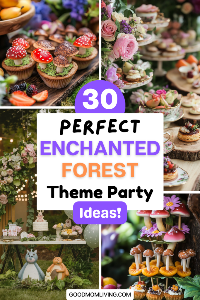 Colorful display of enchanted forest-themed party ideas featuring whimsical cupcakes, floral arrangements, and creative desserts. Includes playful decorations and charming table setups, perfect for inspiration for a magical celebration.